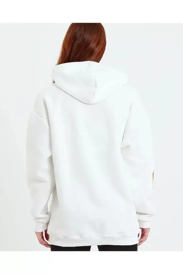 Baskılı Kapüşonlu Sweatshirt - Beyaz - 4