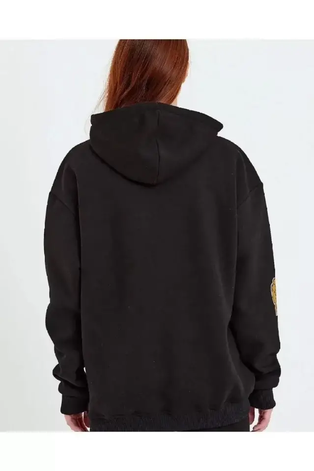 Baskılı Kapüşonlu Sweatshirt - Siyah - 3