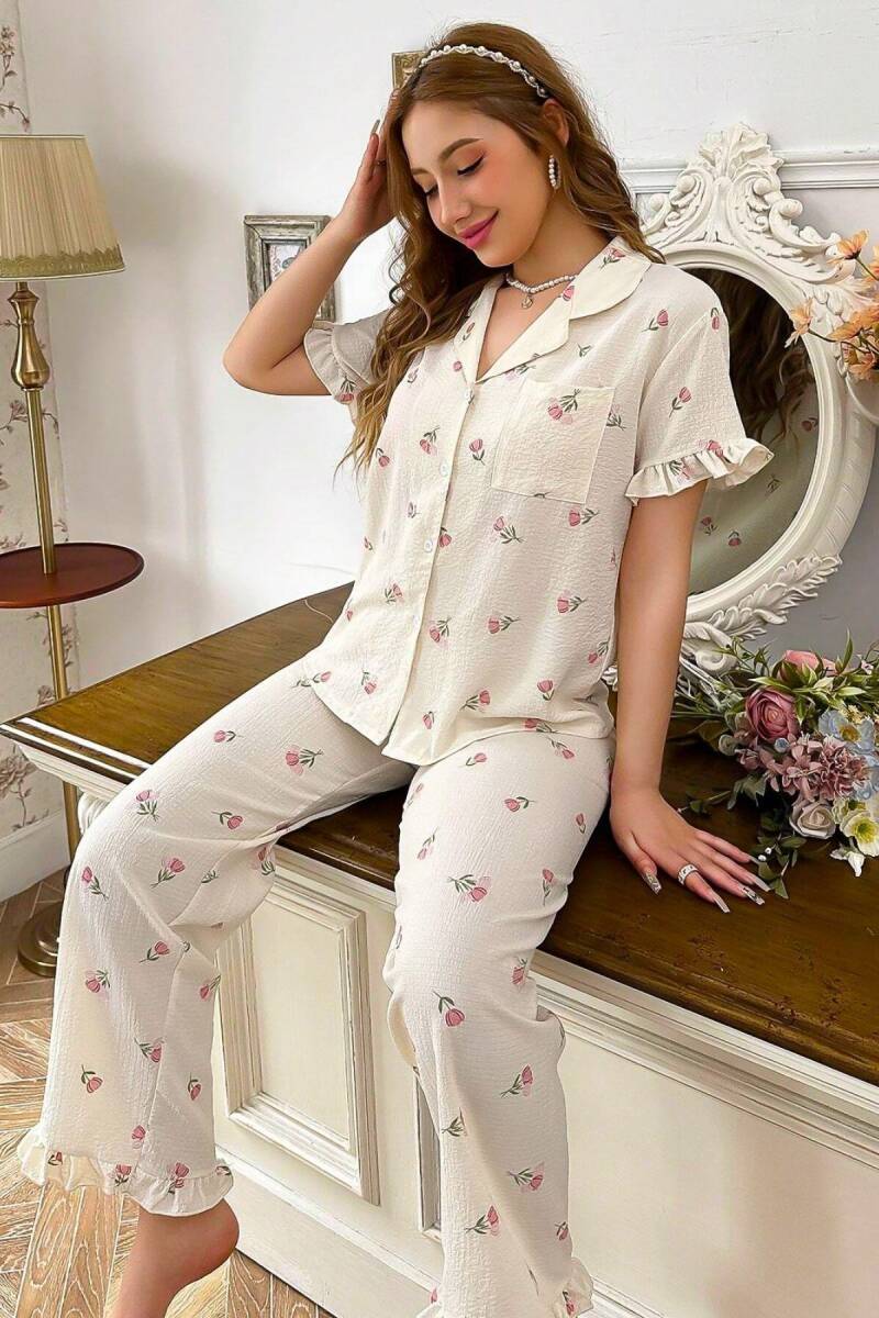 Ekru Çiçek Desenli Yakalı Pijama Takımı 7036 - 2