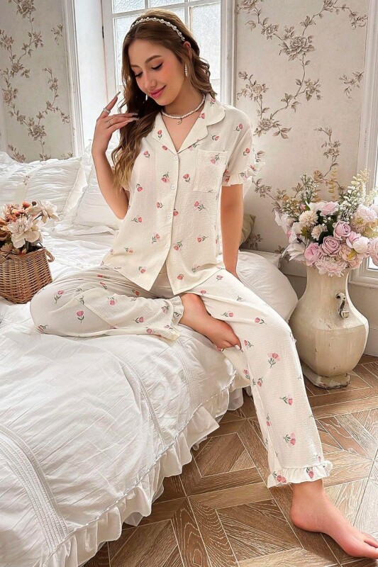 Ekru Çiçek Desenli Yakalı Pijama Takımı 7036 - 4