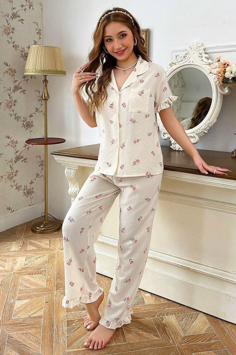 Ekru Çiçek Desenli Yakalı Pijama Takımı 7036 - 5