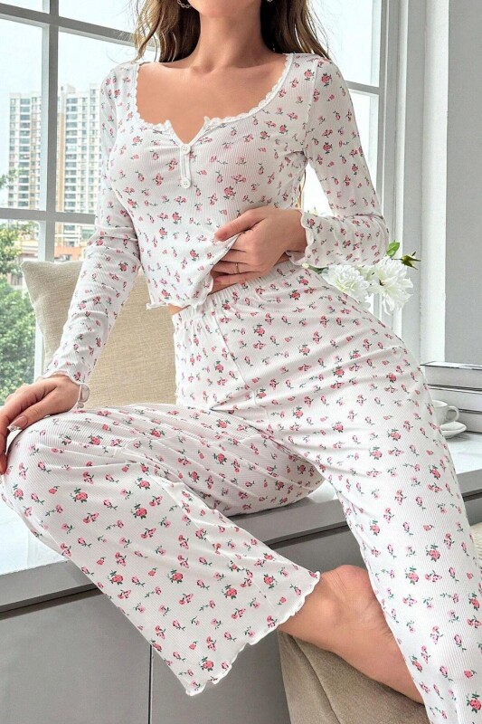 Ekru Sonbahar Romantizmi Uzun Kollu Pijama Takımı 7020 - 2