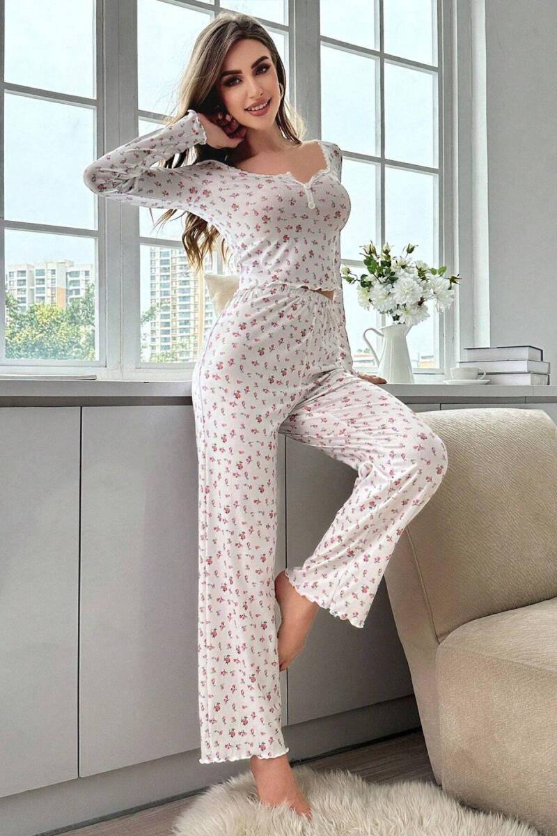 Ekru Sonbahar Romantizmi Uzun Kollu Pijama Takımı 7020 - 4