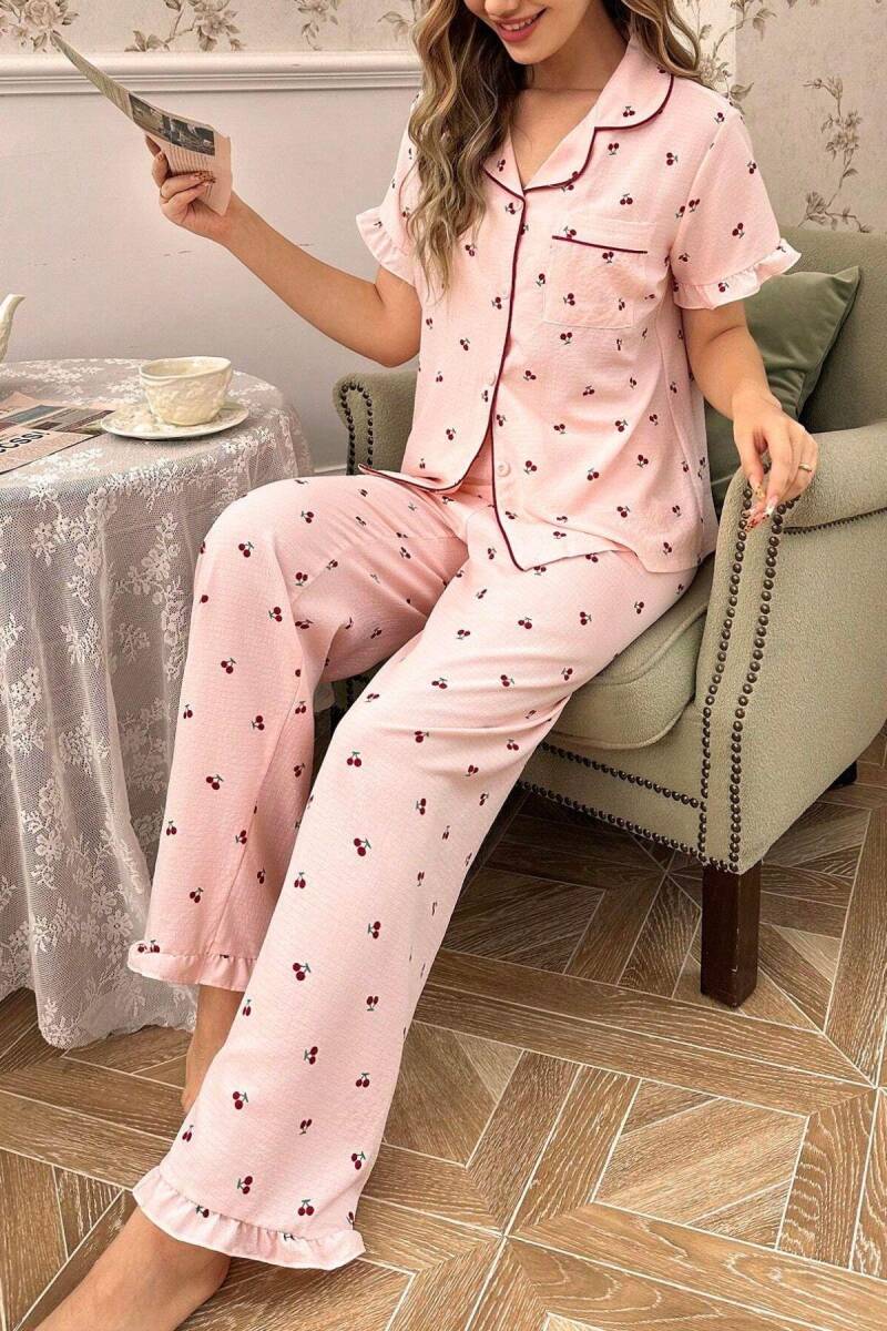 Kiraz Desenli Düğmeli Bebe Yaka Pijama Takımı 7035 - 3