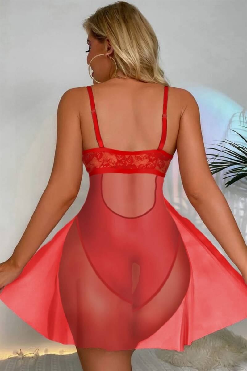 Kırmızı Özel Bölgesi Açık Babydoll Gecelik 15034 - 3