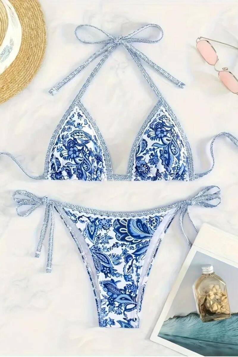 Mavi Desenli Üçgen Bikini Set M-9003 - 1