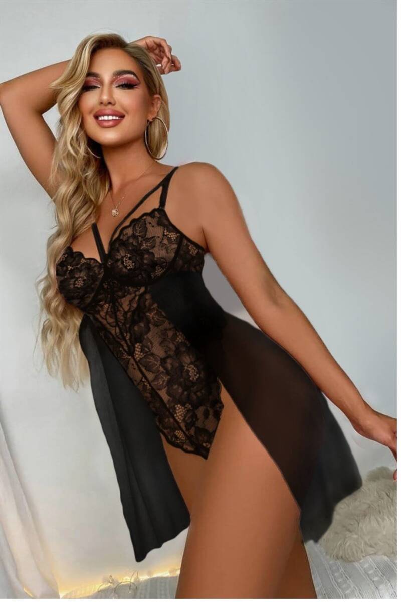  Siyah Özel Bölgesi Açık Babydoll Gecelik 15035 - 2