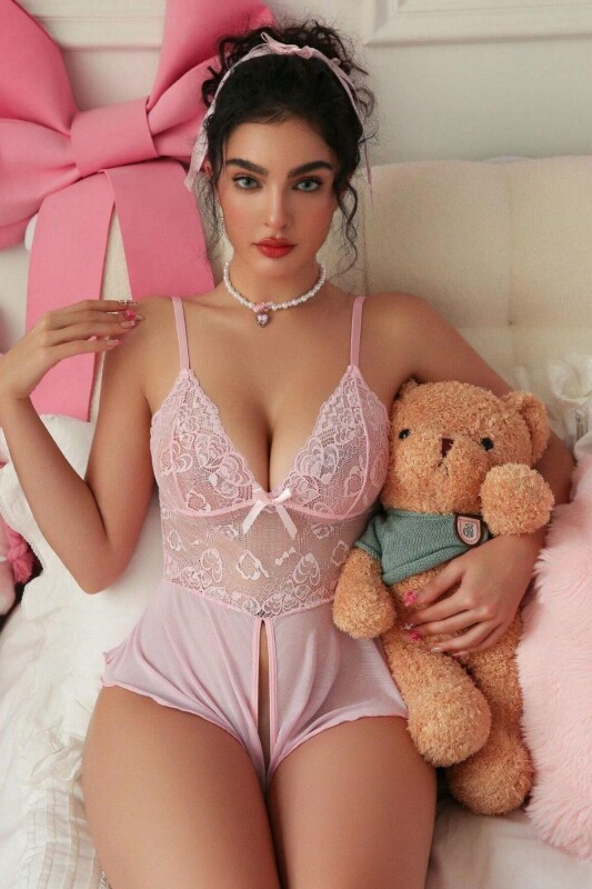 Toz Pembe Özel Bölgesi Açık Cazibe Bodysuit 15105 - 1