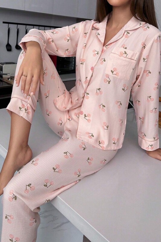 Toz Pembe Sonbahar Kirazları Soft Pijama Takımı 7039 - 1