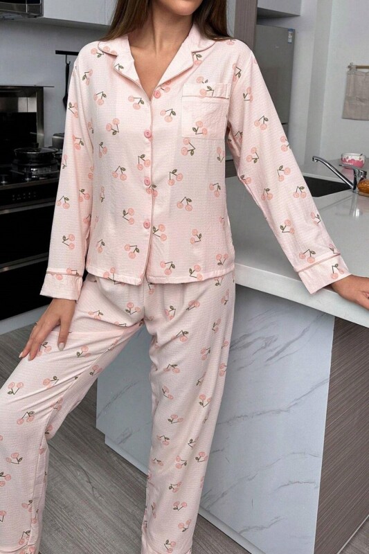 Toz Pembe Sonbahar Kirazları Soft Pijama Takımı 7039 - 3