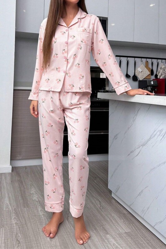 Toz Pembe Sonbahar Kirazları Soft Pijama Takımı 7039 - 4