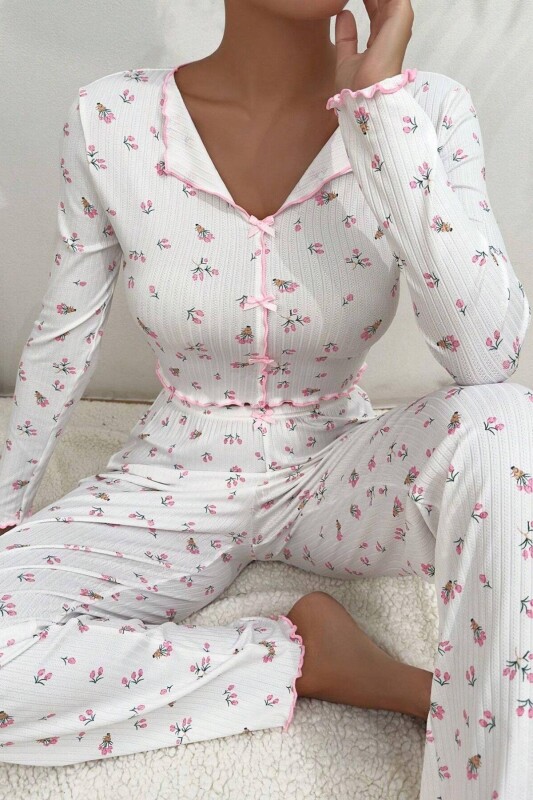 Beyaz Fiyonk Detaylı Crop Pijama Takımı 7077 - 1