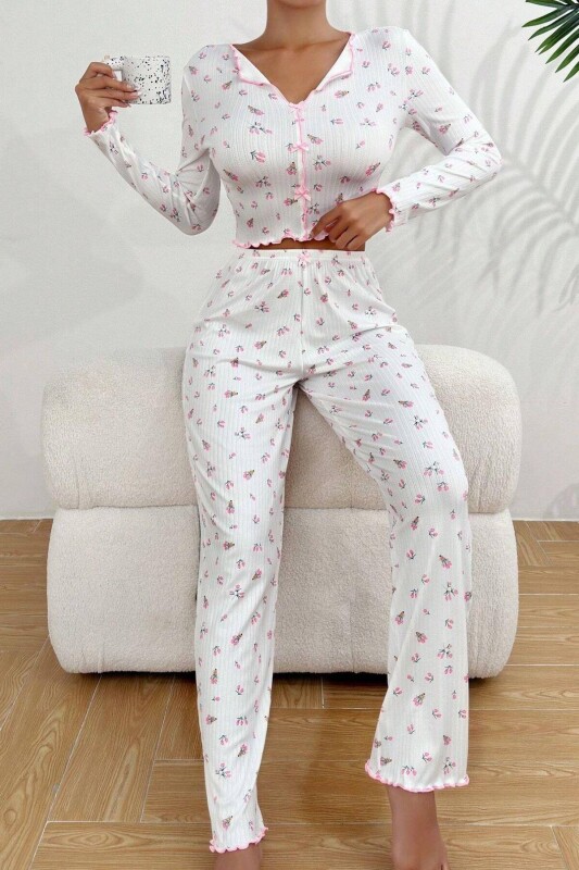 Beyaz Fiyonk Detaylı Crop Pijama Takımı 7077 - 2