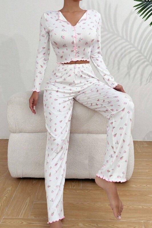 Beyaz Fiyonk Detaylı Crop Pijama Takımı 7077 - 3