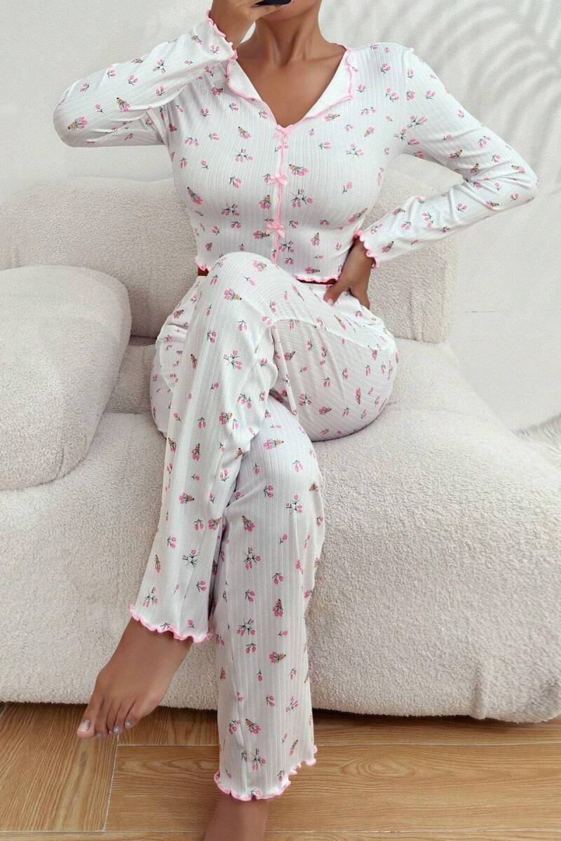 Beyaz Fiyonk Detaylı Crop Pijama Takımı 7077 - 4