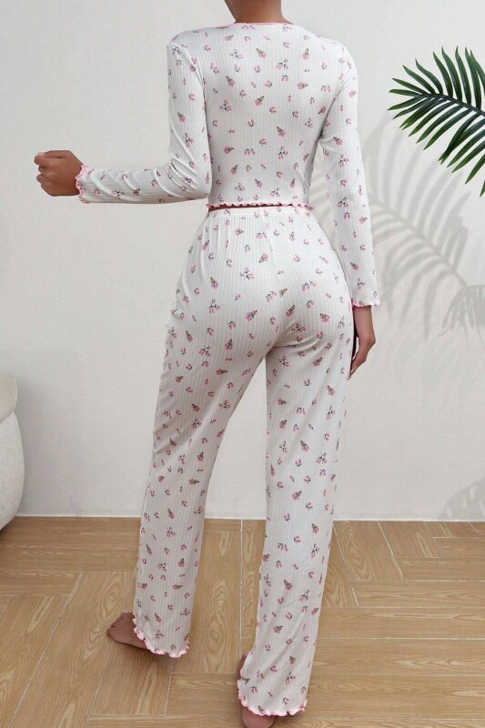 Beyaz Fiyonk Detaylı Crop Pijama Takımı 7077 - 5