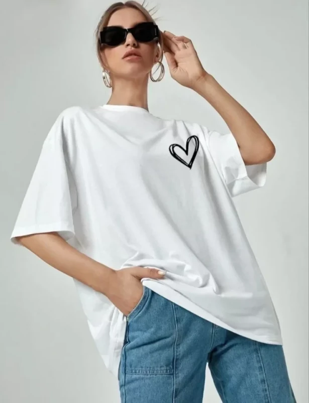 Bisiklet Yaka Baskılı Oversize T-Shirt - Beyaz - 4