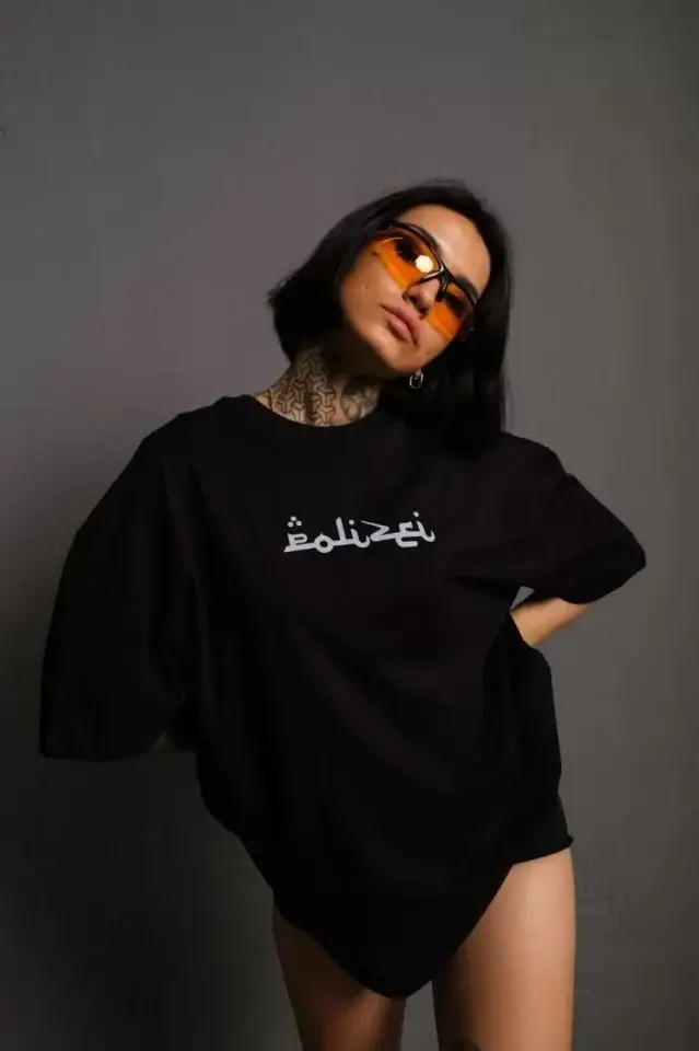 Bisiklet Yakalı Sırt Baskılı Oversize T-Shirt - Siyah - 2