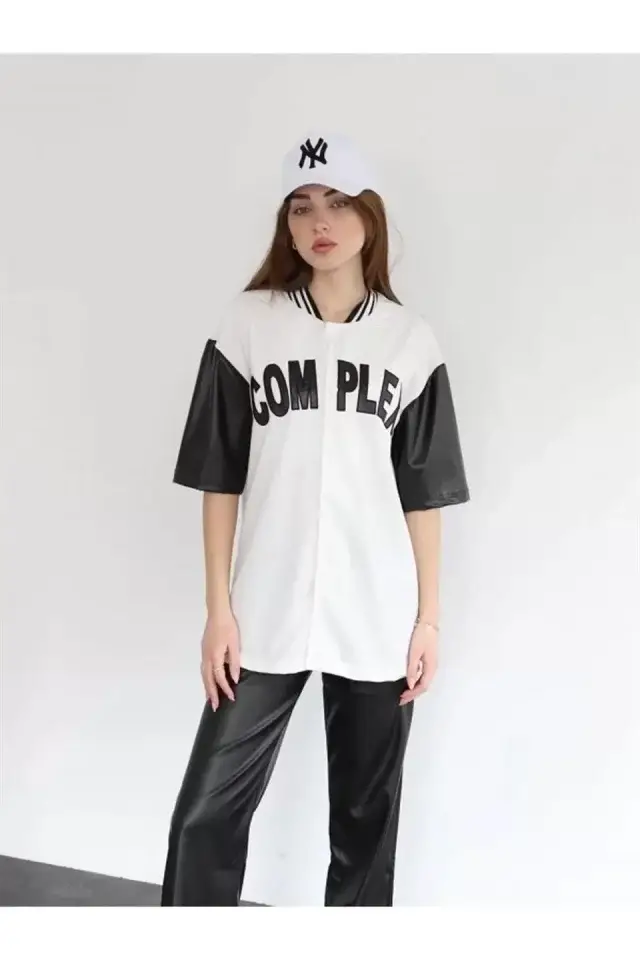 Complex Kolları Deri Kolej Oversize T-shirt - Beyaz - 3