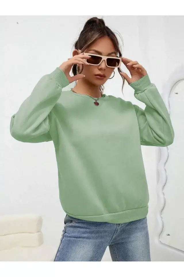 Düz Bisiklet Yaka Sweat - Mint Yeşili - 1