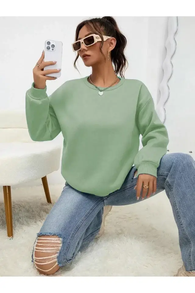 Düz Bisiklet Yaka Sweat - Mint Yeşili - 2