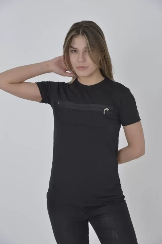 Göğüste Fermuar Aksesuarlı Dar Kalıp T-Shirt - Siyah - 1