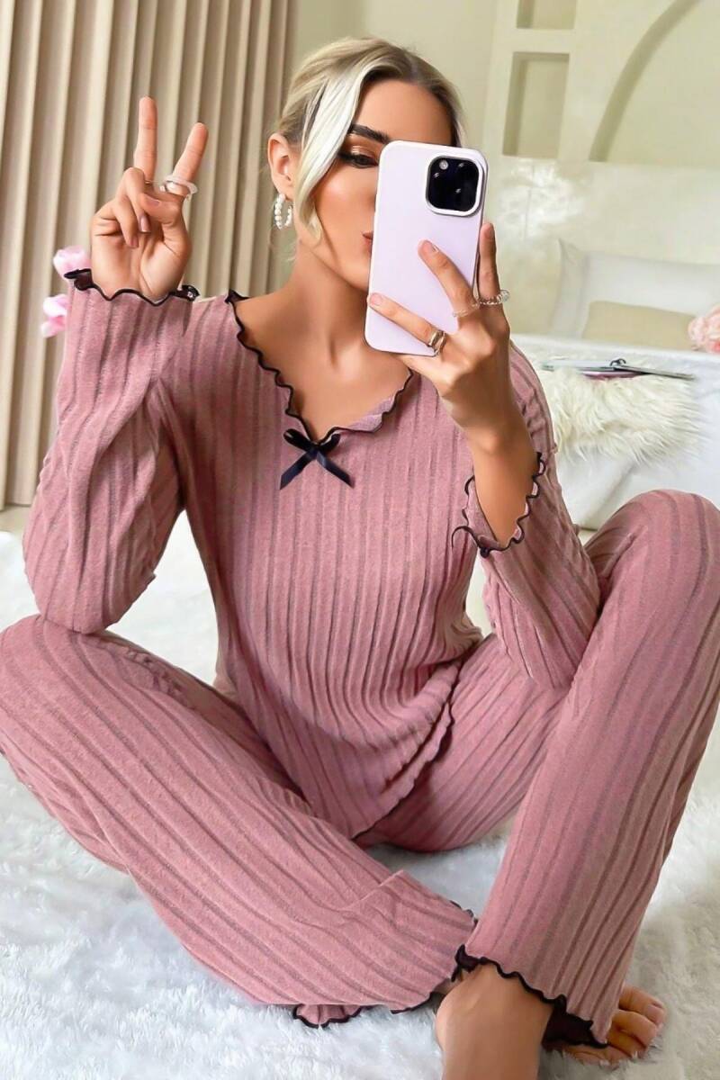 Gül Kurusu Uzun Kollu Pamuklu Pijama Takımı 7067 - 3