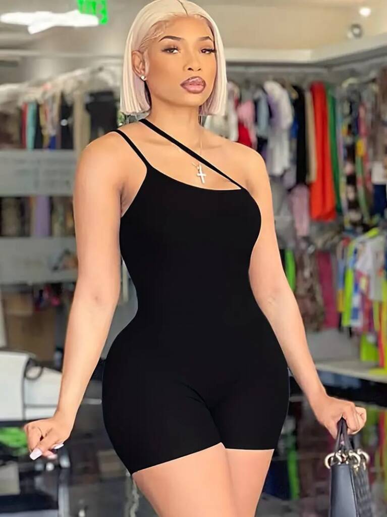 Kadın Asimetrik Askılı Mini Kaşkorse Bodycon Tulum - 3