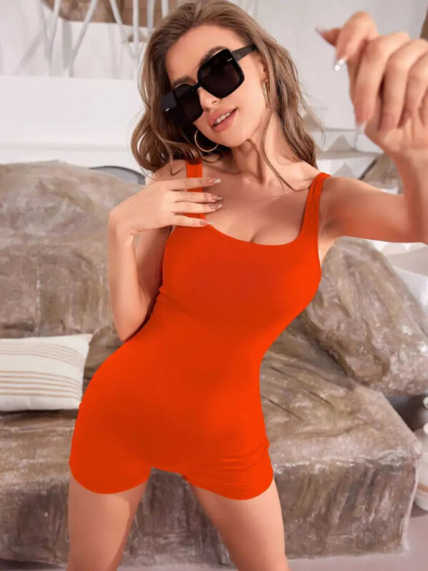 Kadın Kare Yaka Sırt Dekolte Detay Dalgıç Bodycon Mini Tulum - 1