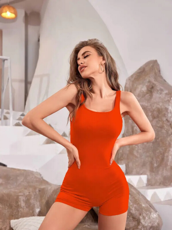 Kadın Kare Yaka Sırt Dekolte Detay Dalgıç Bodycon Mini Tulum - 2