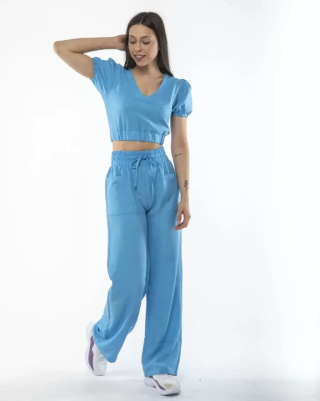 Kadin Keten Pantalon Ve Crop Takım - Mavi - 1