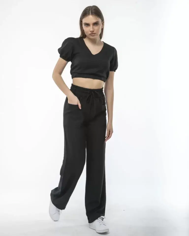 Kadin Keten Pantalon Ve Crop Takım - Siyah - 1