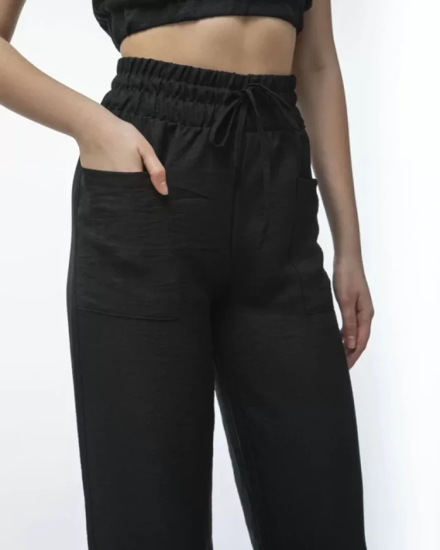 Kadin Keten Pantalon Ve Crop Takım - Siyah - 4