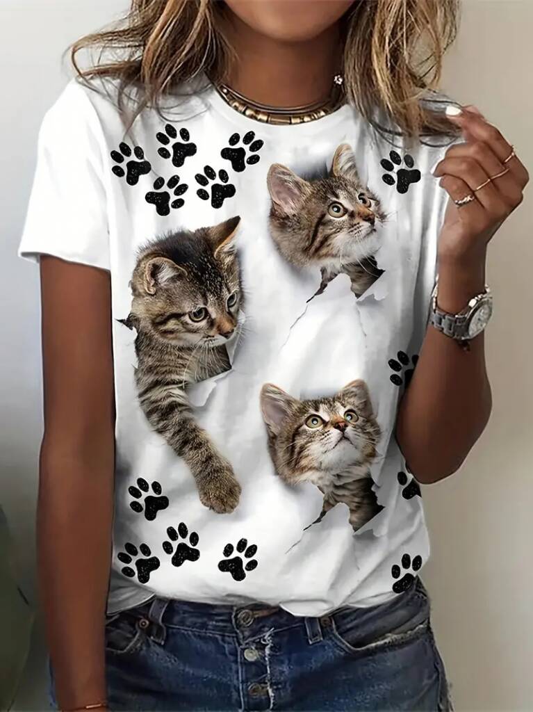 Kadın Kısa Kollu Kedi Ve Pati Baskılı Süprem T-shirt - 1