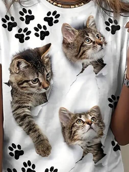 Kadın Kısa Kollu Kedi Ve Pati Baskılı Süprem T-shirt - 2