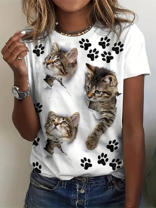 Kadın Kısa Kollu Kedi Ve Pati Baskılı Süprem T-shirt - 3