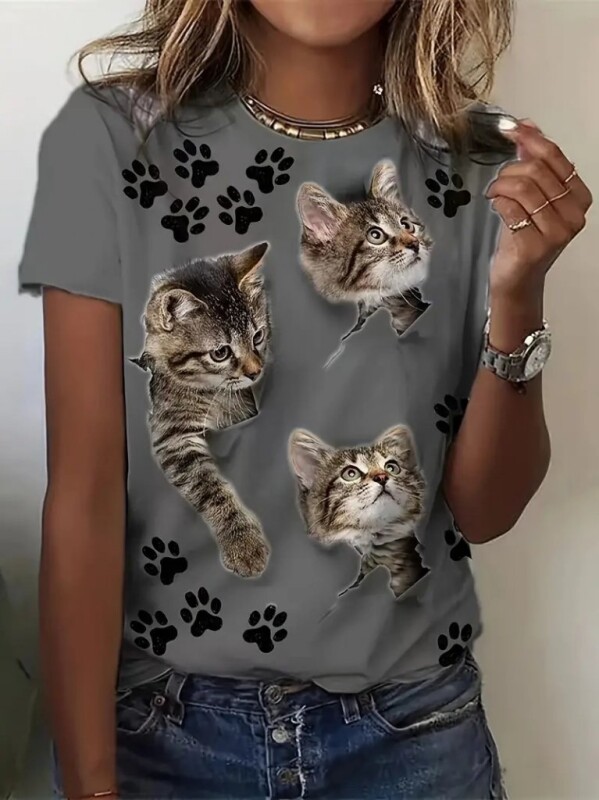 Kadın Kısa Kollu Kedi Ve Pati Baskılı Süprem T-shirt - 1