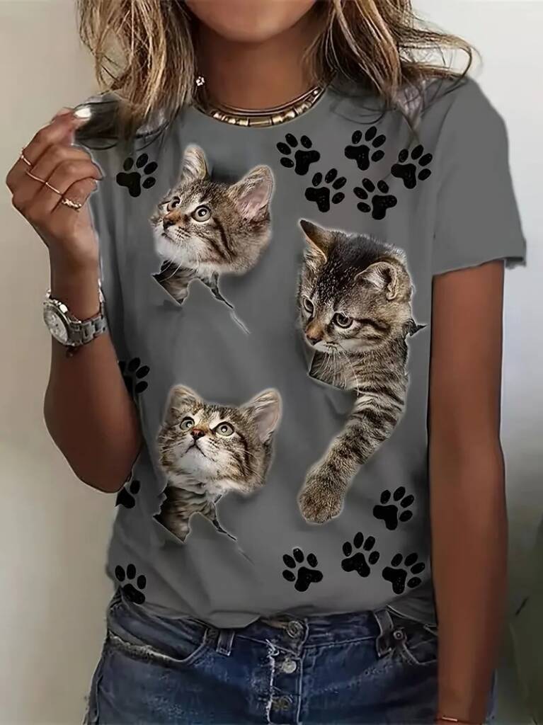 Kadın Kısa Kollu Kedi Ve Pati Baskılı Süprem T-shirt - 3