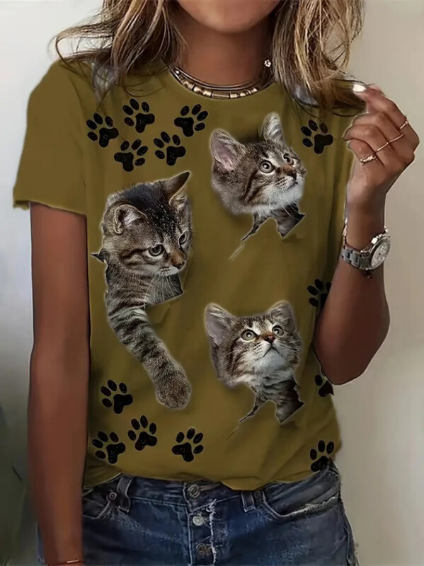 Kadın Kısa Kollu Kedi Ve Pati Baskılı Süprem T-shirt - 1