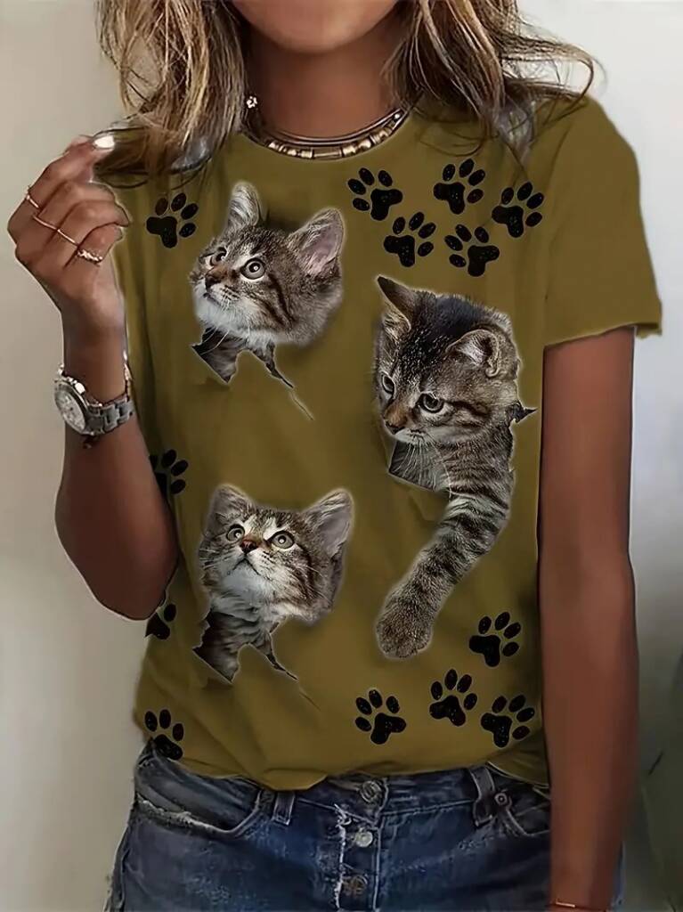 Kadın Kısa Kollu Kedi Ve Pati Baskılı Süprem T-shirt - 3