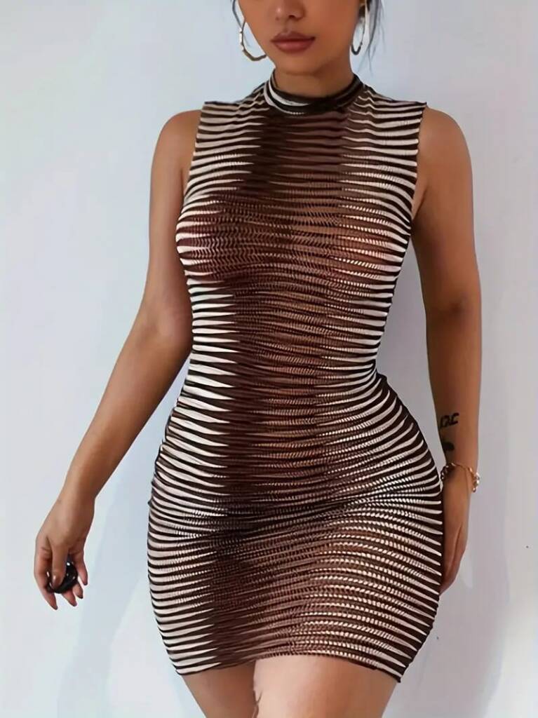 Kadın Kolsuz Desenli Mini Bodycon Dalgıç Elbise - 1