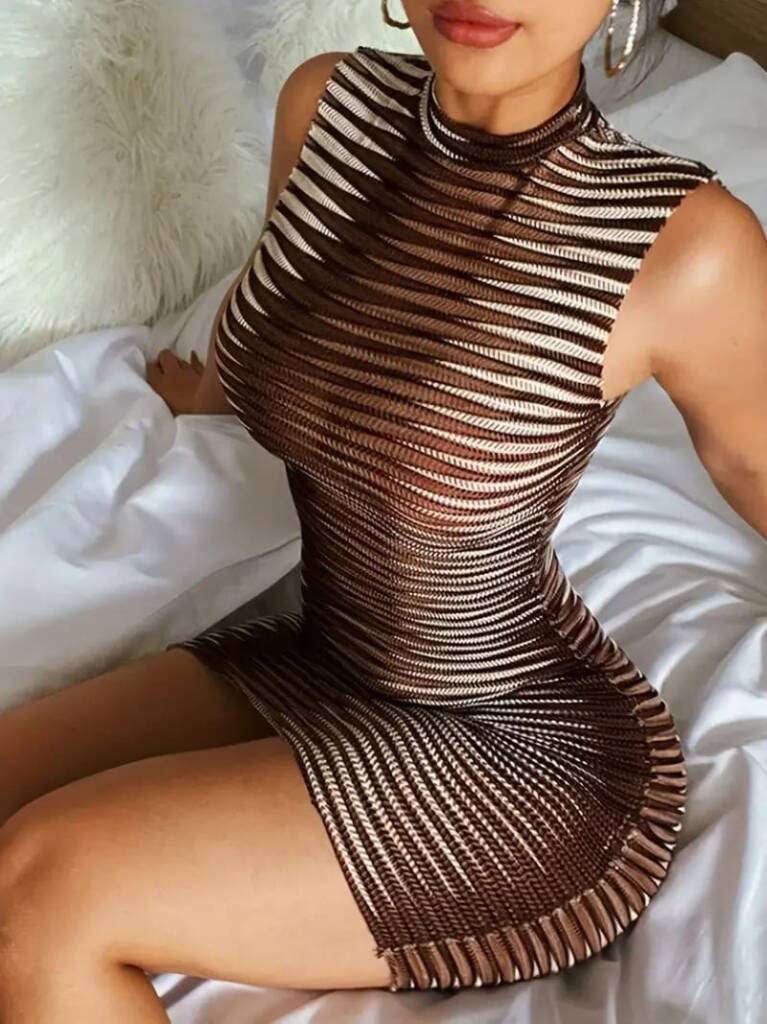 Kadın Kolsuz Desenli Mini Bodycon Dalgıç Elbise - 4