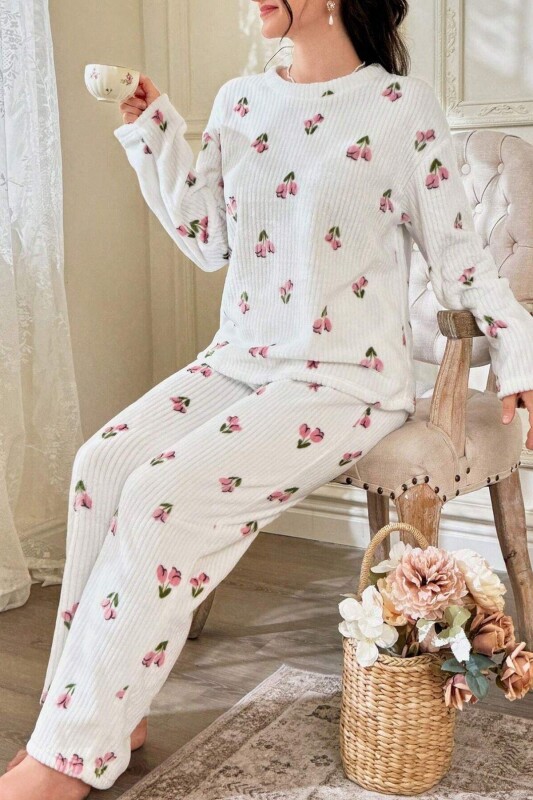 Kırık Beyaz Çiçek Desenli Pamuklu Pijama Takımı 7081 - 2