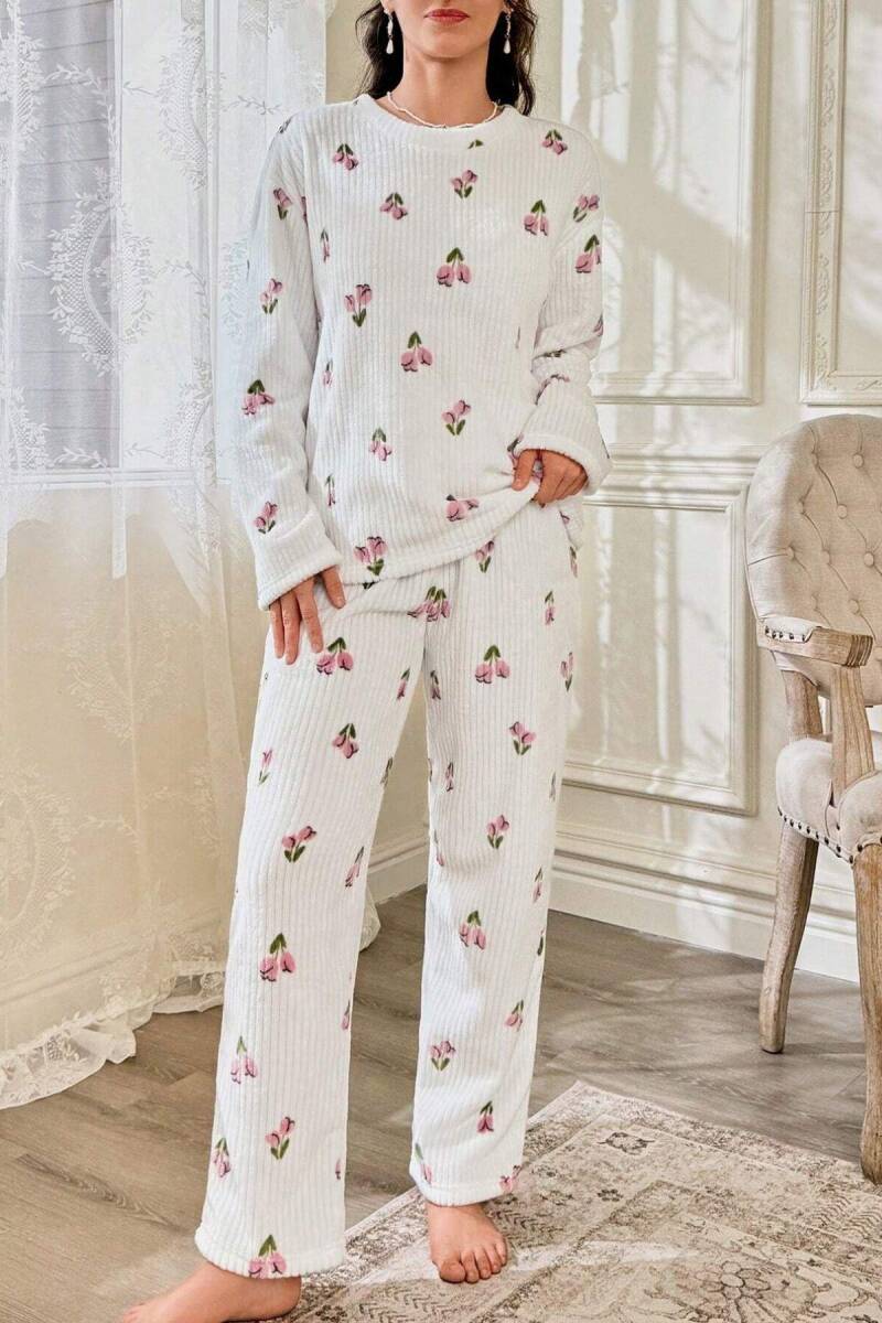 Kırık Beyaz Çiçek Desenli Pamuklu Pijama Takımı 7081 - 4