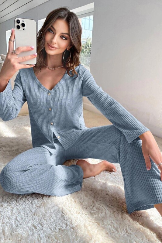 Mavi Hırkalı Pamuklu Pijama Takımı 7071 - 2