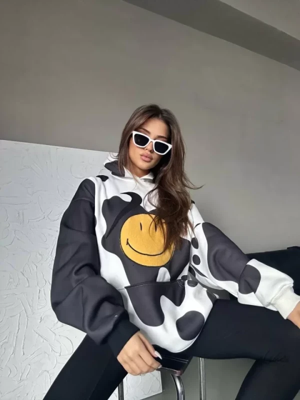 Smiley Face Kapüşonlu Sweatshirt - Siyah - 2