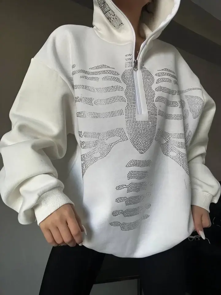 Taşlı Zip Kapüşonlu Sweatshirt - Beyaz - 2