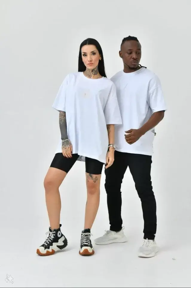 Unisex Basic Bisiklet Yaka Oversize T-Shirt - Beyaz - 1