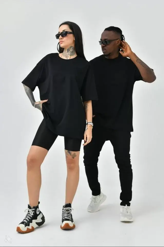 Unisex Basic Bisiklet Yaka Oversize T-Shirt - Siyah - 1