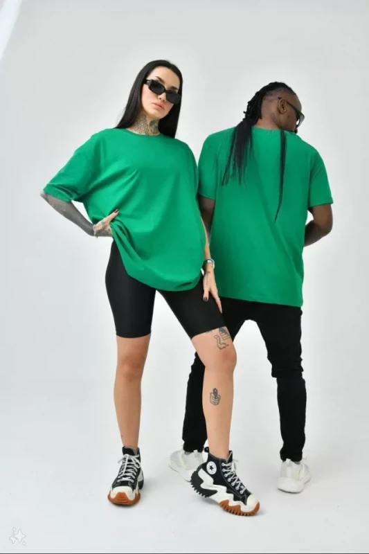 Unisex Basic Bisiklet Yaka Oversize T-Shirt - Yeşil - 1